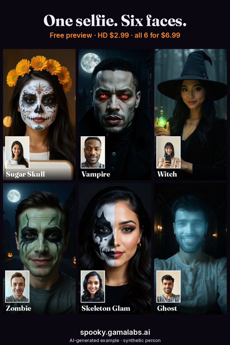 Portrait set. One selfie splits into several Halloween portraits.
