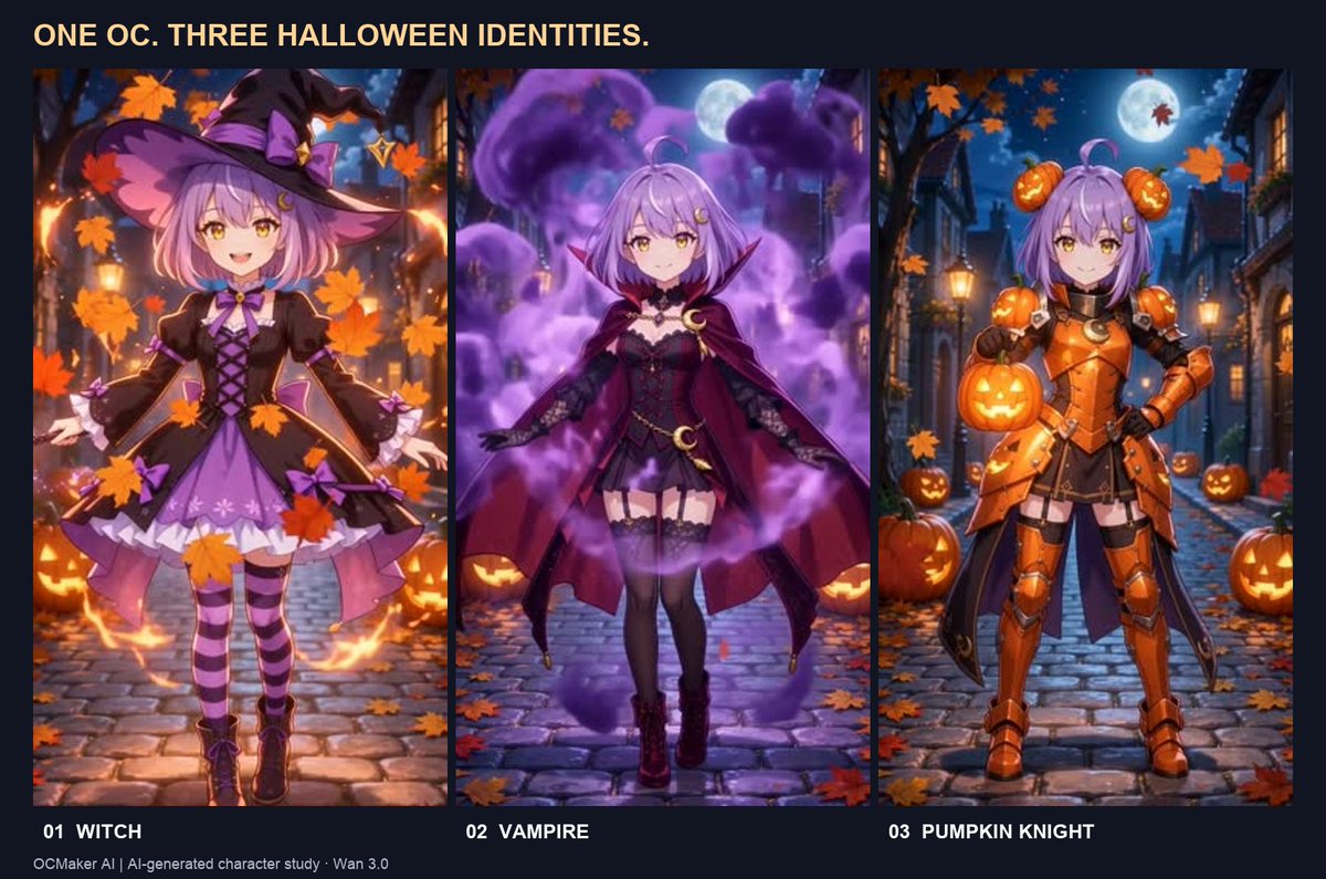 Witch, vampire, ghoul. The same character shown as witch, vampire, and ghoul.